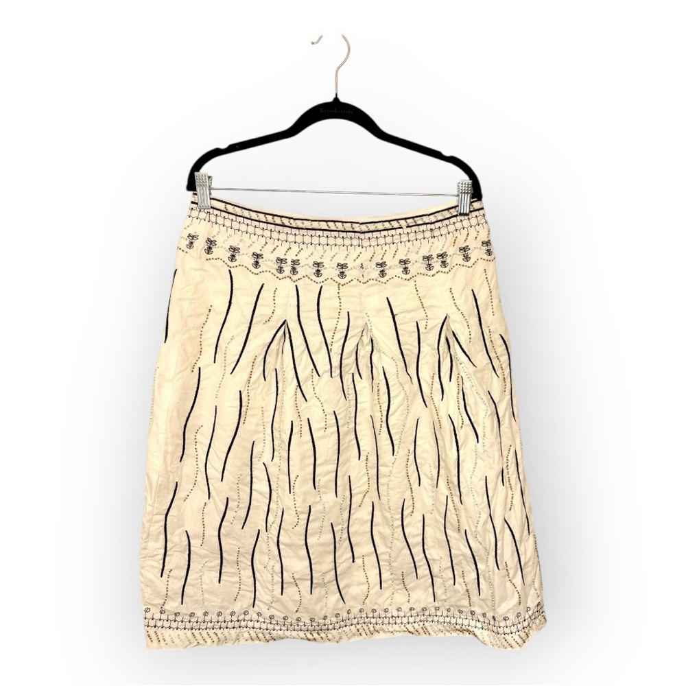 Dizzy Lizzie Linen Beaded Embroidered Skirt Cream Black Resort Boho Medium
